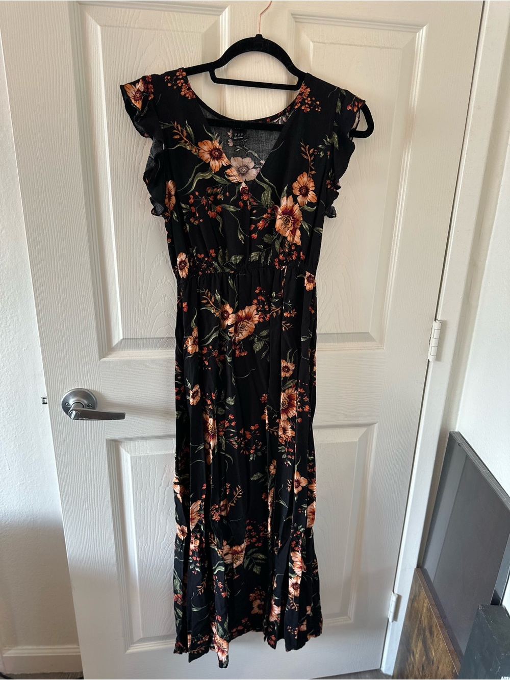 SHEIN Black Floral Maxi Dress with Rust & Green Blooms - Picture 6 of 9